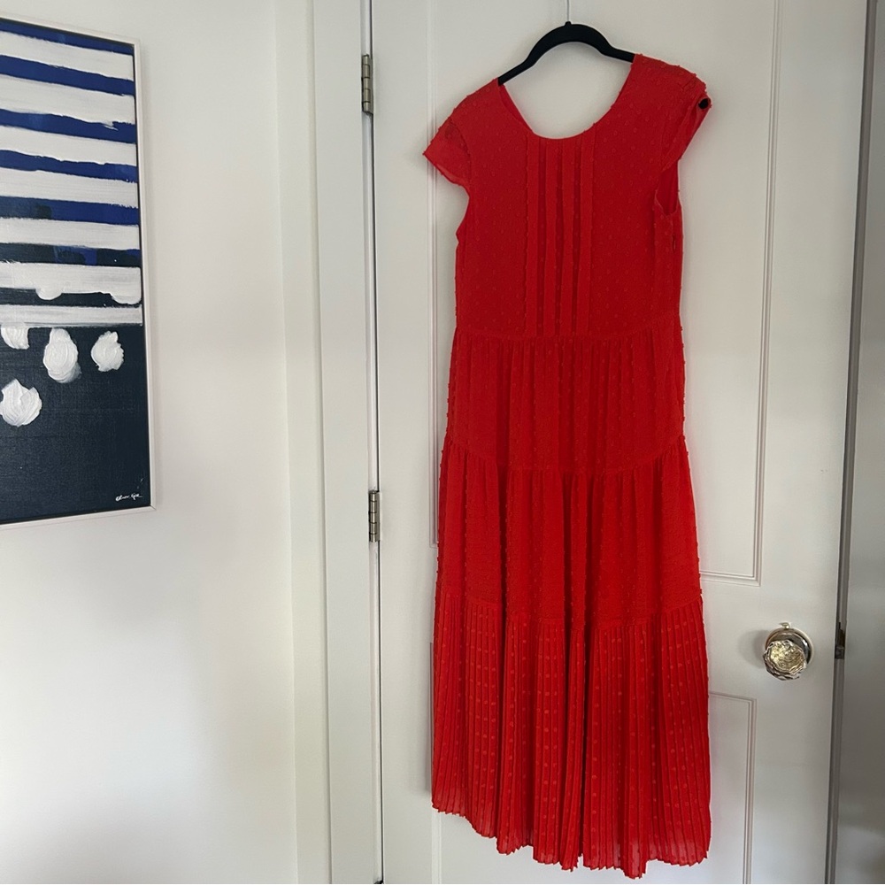 Maje Etryline Rouge Swiss Dot Pleated Midi Dress Red Sz 1 XS